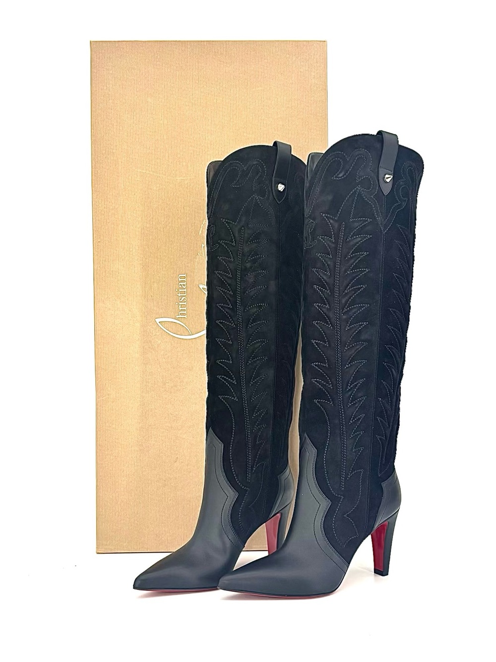 Christian Louboutin Santia Botta Black Western Knee High Pull On Boots 37 - Picture 3 of 11